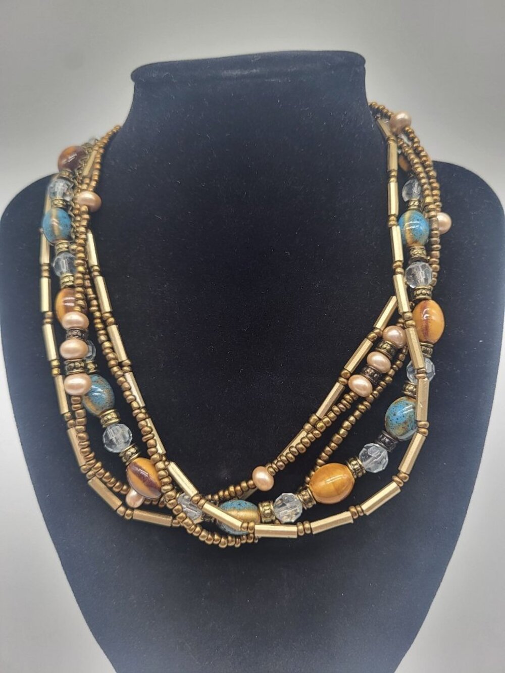 Premier Designs Necklace 5-Strand Beaded Brass Tone “Global” Boho Retired